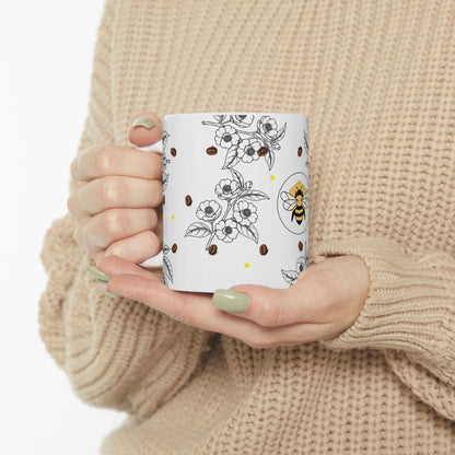 Coffee Flower & Bee Artisan Mug | Botanical Design (15oz)