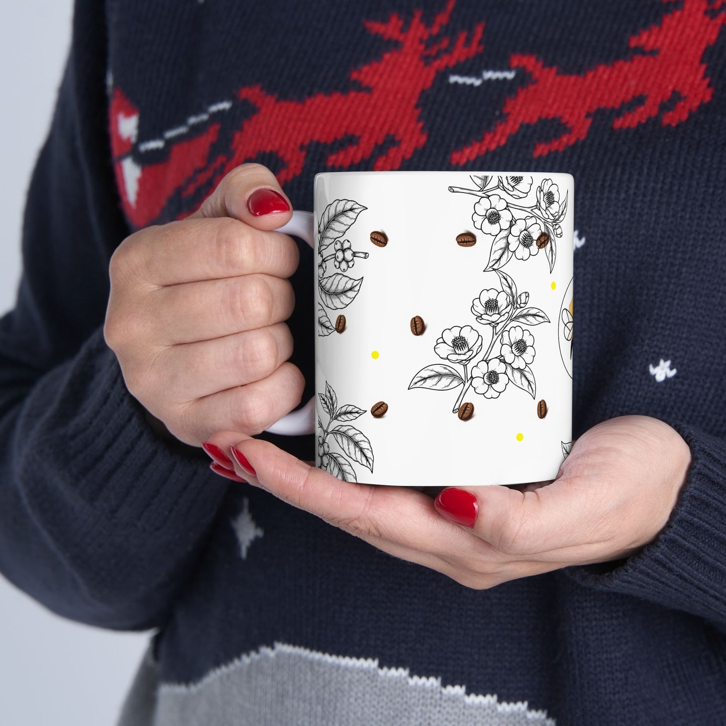 Coffee Flower & Bee Artisan Mug | Botanical Design (15oz)