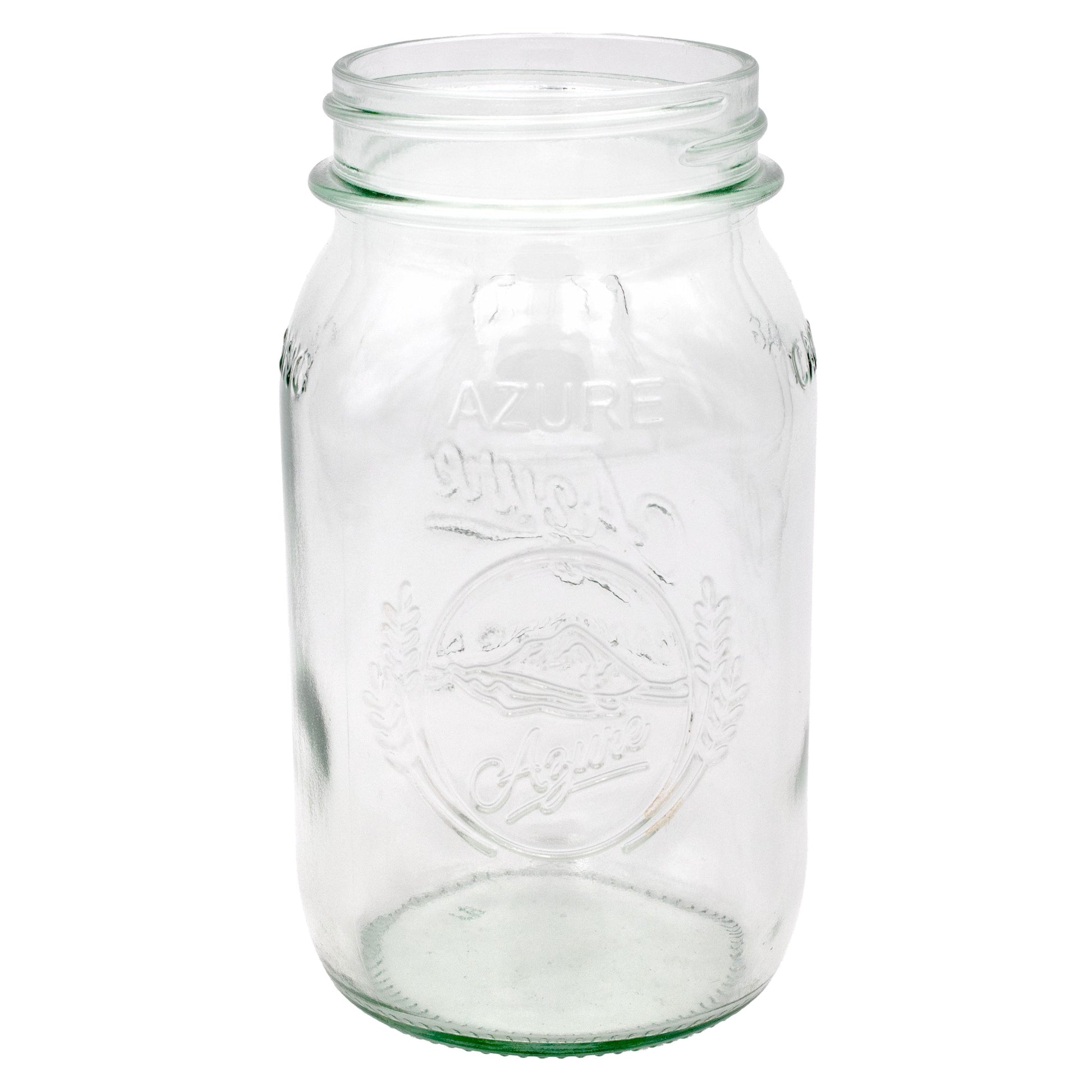 Clear glass jar with a brand logo on a white background